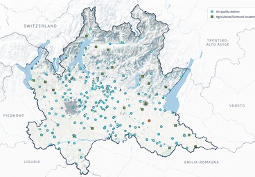 AgrImOnIA environmental dataset showing air-quality monitoring stations and agricultural locations across Lombardy, Italy